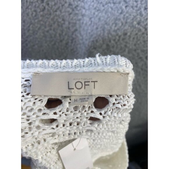 Loft Womens Pullover Sweater White 3/4 Sleeve Jewel Neck Open Knit M New - Picture 5 of 7